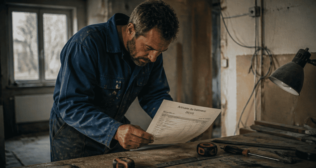 les artisans du batiment vérifient un devis dans un atelier