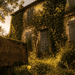 Maison abandonnée envahie de lierre au soleil couchant