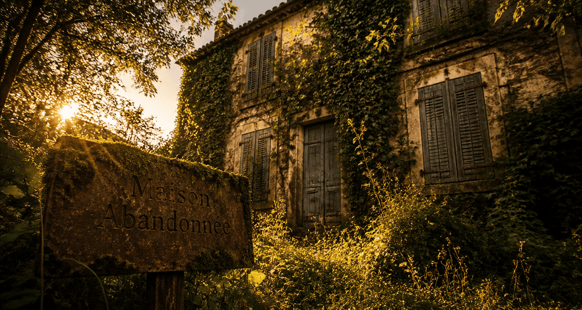 Maison abandonnée envahie de lierre au soleil couchant