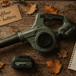 meilleur souffleur sur batterie sur table en bois avec feuilles mortes