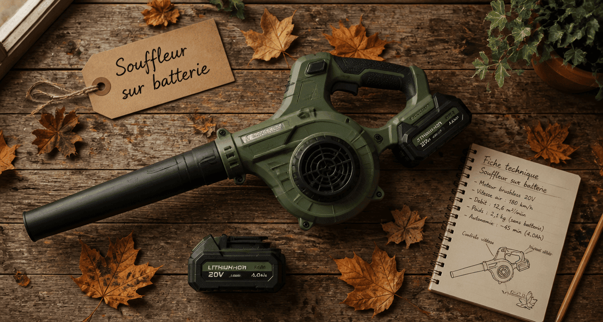 meilleur souffleur sur batterie sur table en bois avec feuilles mortes