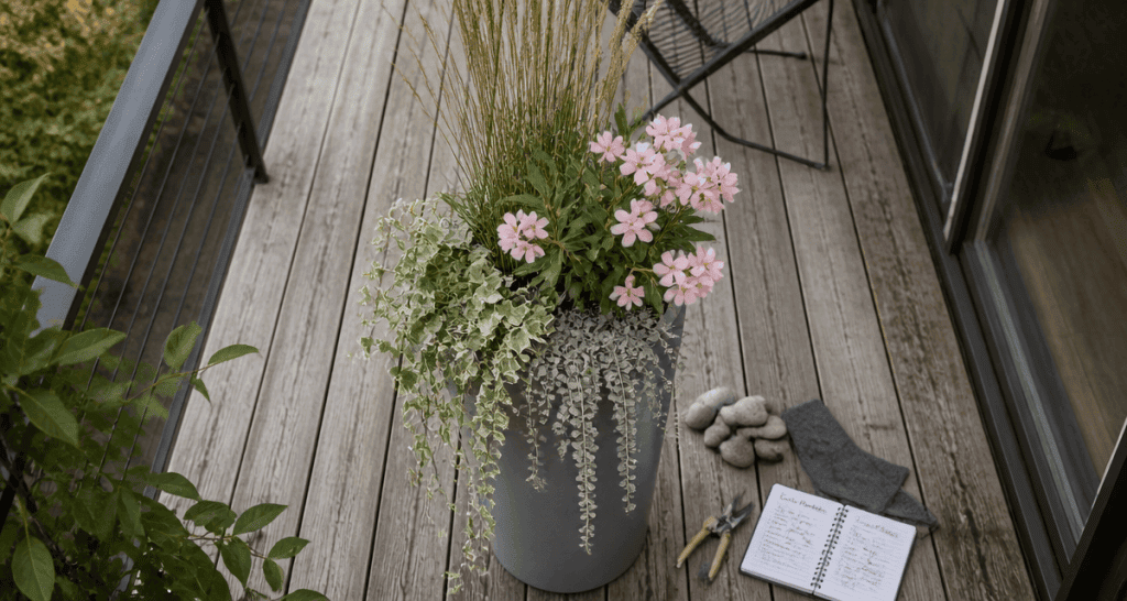 que planter dans un pot haut et étroit graminée laurier-rose lierre
