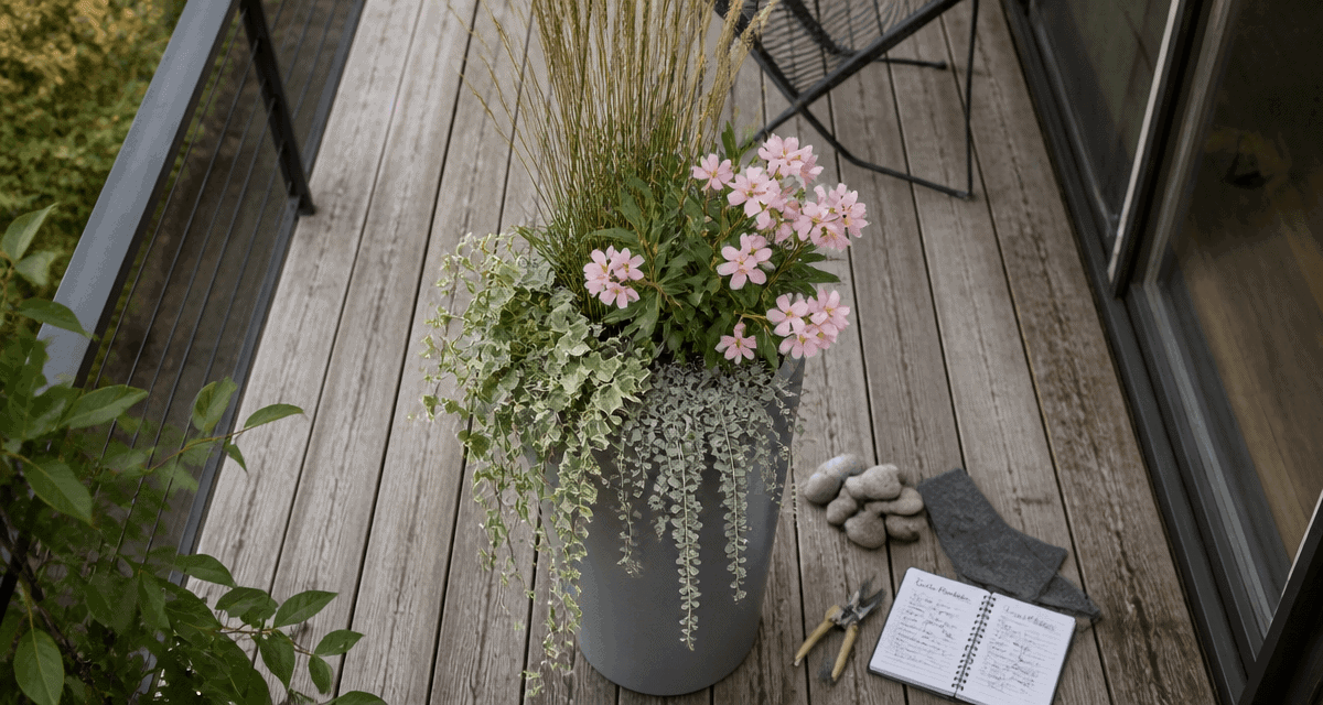 que planter dans un pot haut et étroit graminée laurier-rose lierre