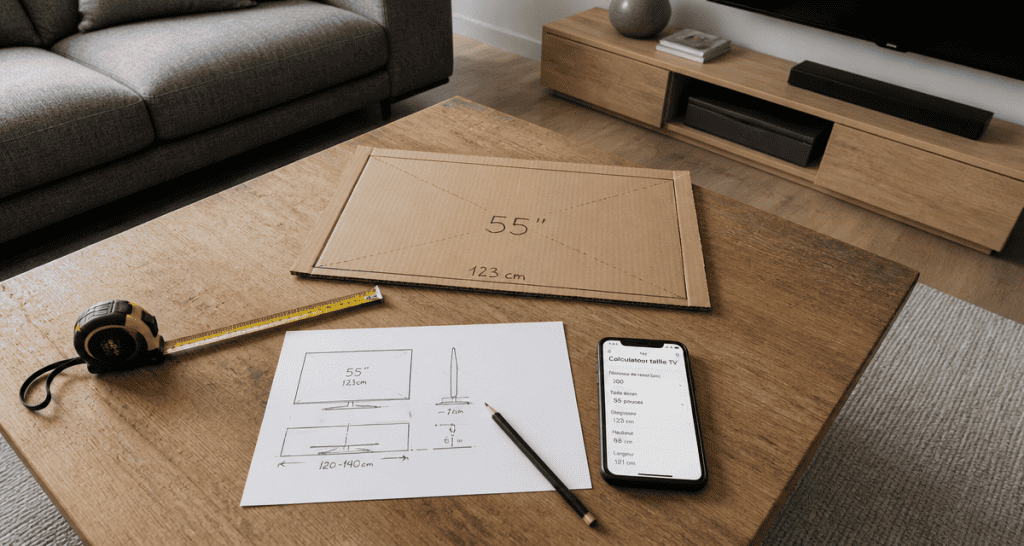 quelle taille de tv choisir pour un salon flat-lay calculateur croquis