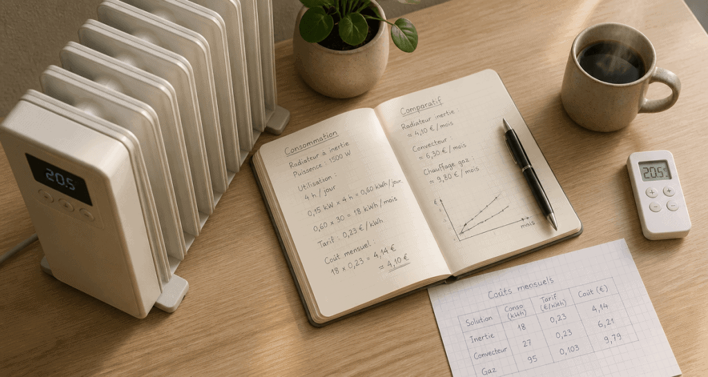 radiateur à inertie consommation sur bureau avec calculs