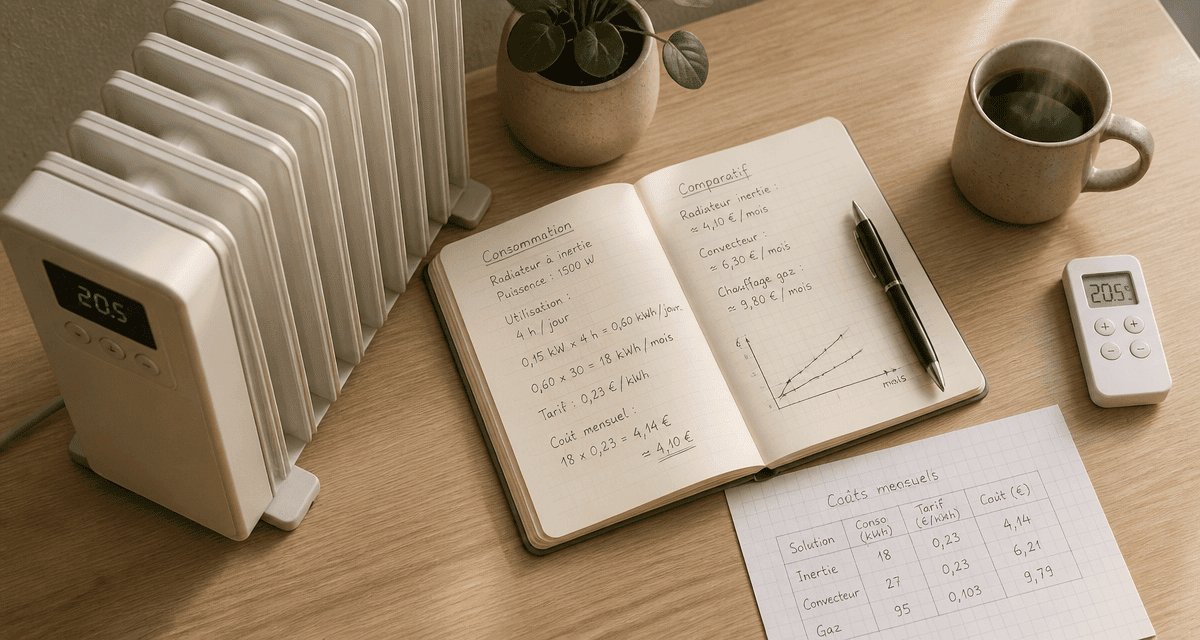 radiateur à inertie consommation sur bureau avec calculs