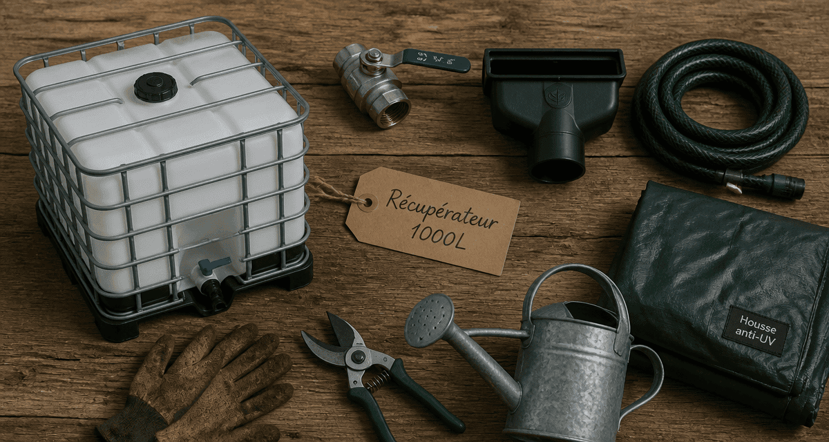 Vue d’un récupérateur d'eau 1000L avec accessoires sur plan de travail