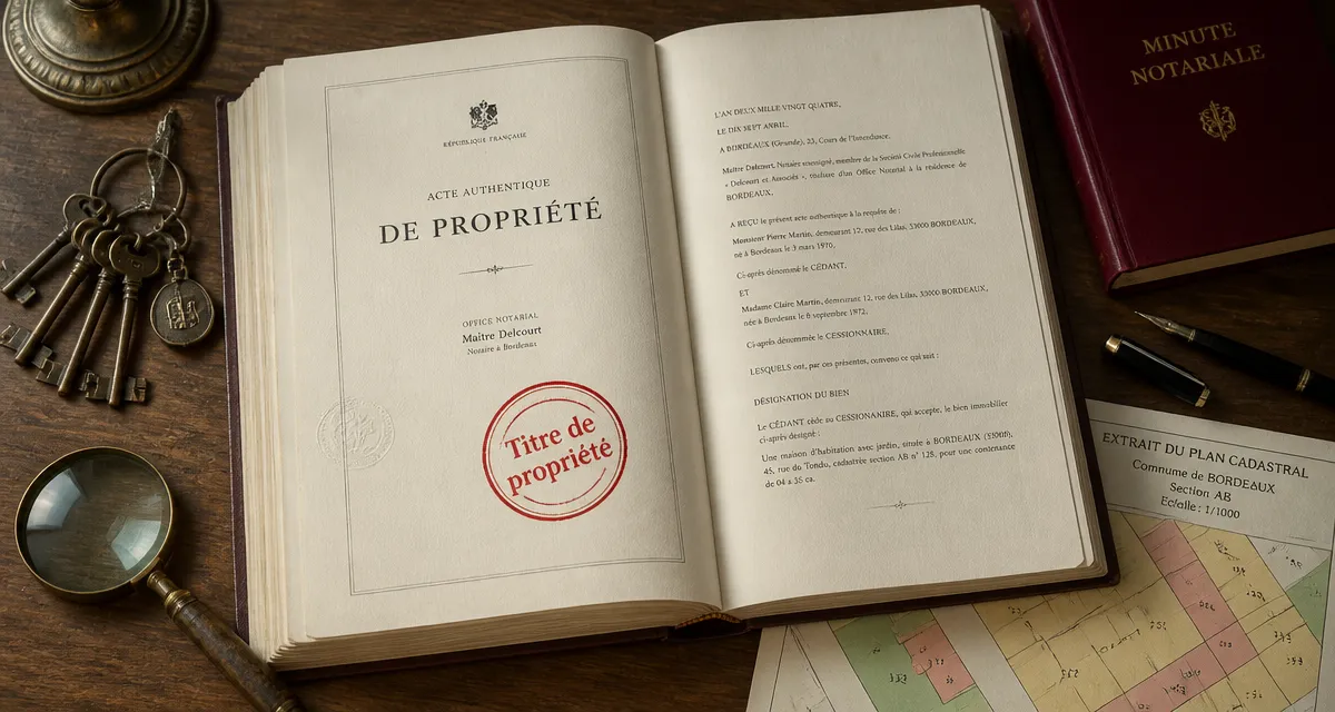 acte de propriété maison, bureau, clés, tampon notarial