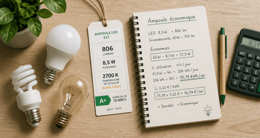 Ampoule economique LED fluocompacte sur plan de travail