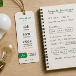 Ampoule economique LED fluocompacte sur plan de travail
