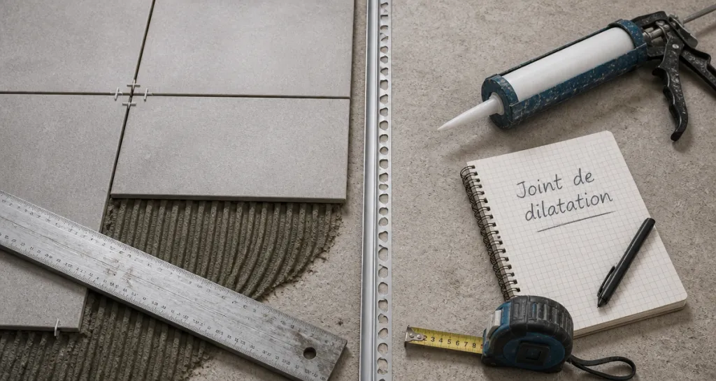 Carrelage joint de dilatation sur chantier avec outils