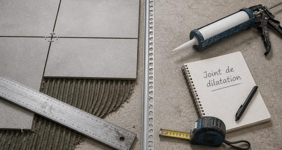 Carrelage joint de dilatation sur chantier avec outils
