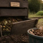 Composteur jardin en bois sur sol, mélange vert et brun prêt pour l’engrais naturel