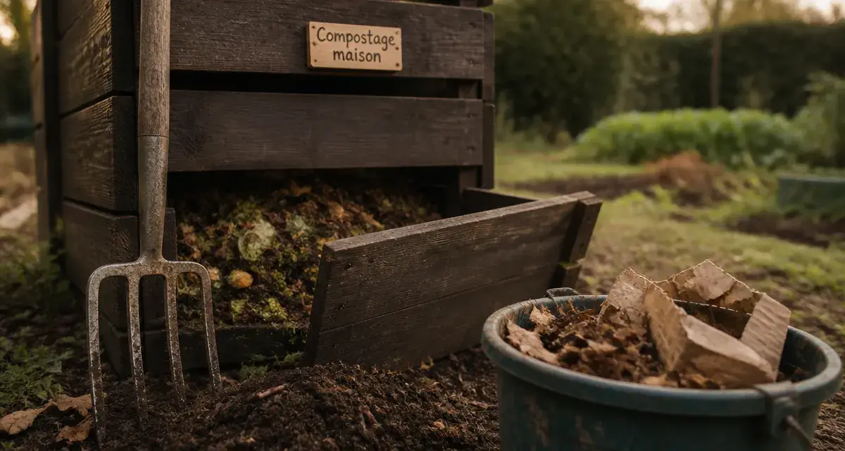 Composteur jardin en bois sur sol, mélange vert et brun prêt pour l’engrais naturel