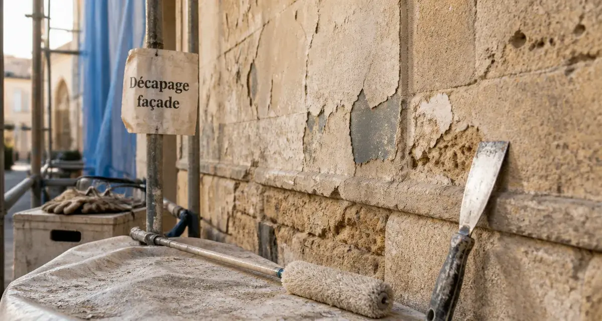 Decaper facade peinture : façade écaillée décapée, échafaudage et spatule