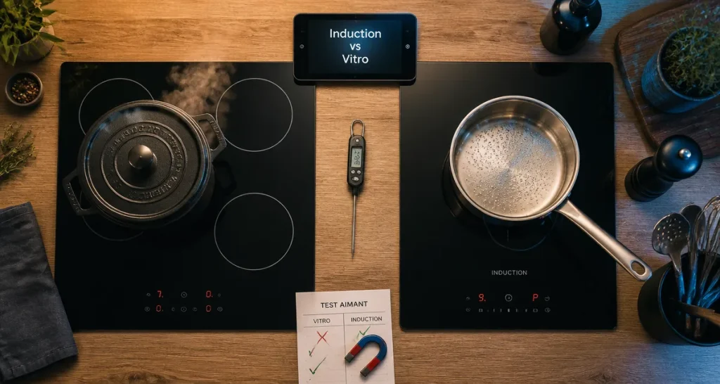 Difference entre induction et vitrocéramique, test aimant sur plaques vitrocéramique et induction