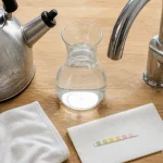 Eau calcaire solution : bouilloire et robinet avec traces de calcaire, vinaigre et test