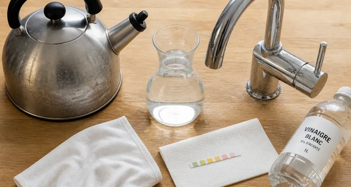 Eau calcaire solution : bouilloire et robinet avec traces de calcaire, vinaigre et test