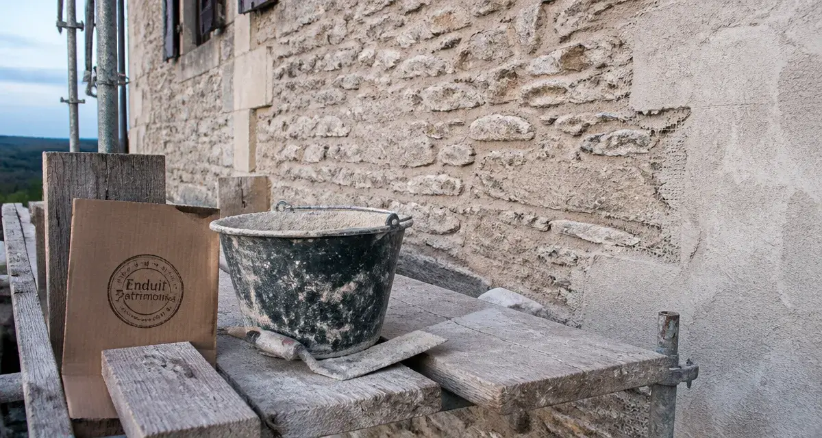 Enduit patrimoine : mur ancien et mortier à la chaux sur échafaudage
