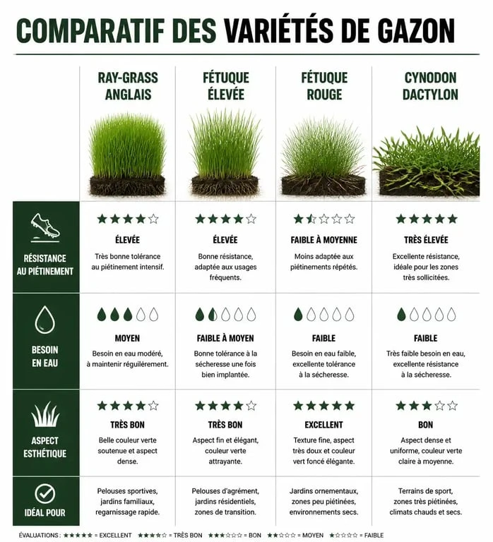 Comparatif des variétés de gazon pour jardin : résistance, besoins en eau et esthétique