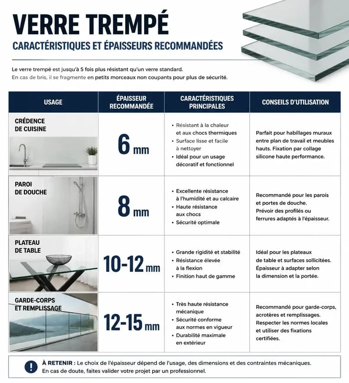 Tableau récapitulatif des épaisseurs de verre trempé recommandées selon l'usage pour vos projets sur mesure