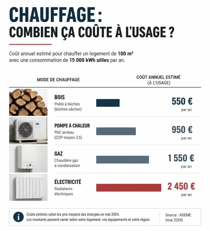 Comparatif des coûts annuels des différents modes de chauffage pour un logement