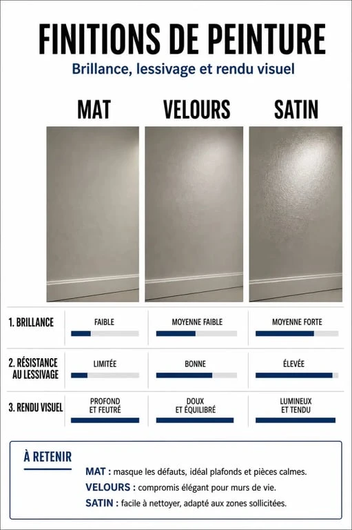 Comparatif des finitions de peinture : mat, velours et satin pour le choix de votre décoration intérieure