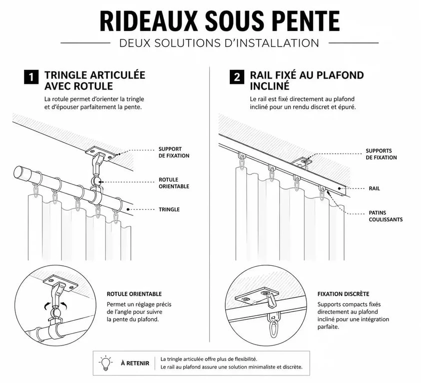 Schéma illustrant les systèmes de tringle rideau sous pente : tringle articulée et rail coulissant pour combles.