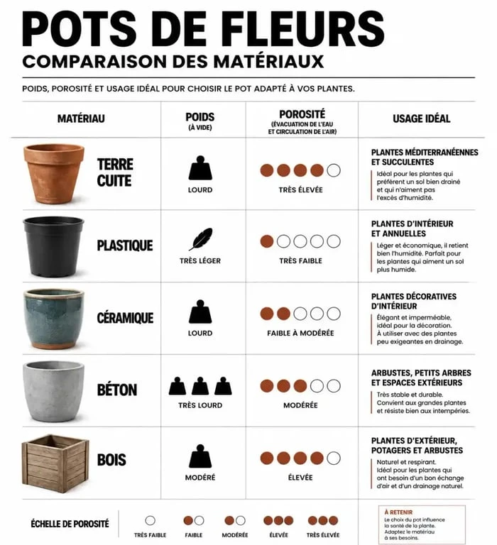 Infographie comparative des matériaux pour pots de fleurs : terre cuite, plastique, céramique, béton et bois.