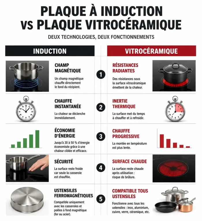Infographie comparative : différence entre plaque à induction et plaque vitrocéramique pour la cuisine