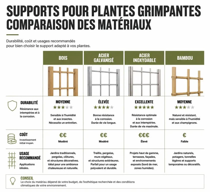 Comparatif des matériaux pour support plante grimpante : bois, acier et bambou pour choisir la meilleure structure de jardin.