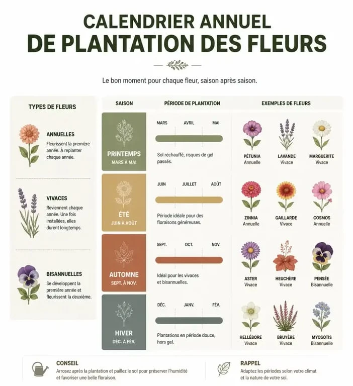 Calendrier de plantation des fleurs par saison pour réussir son jardin