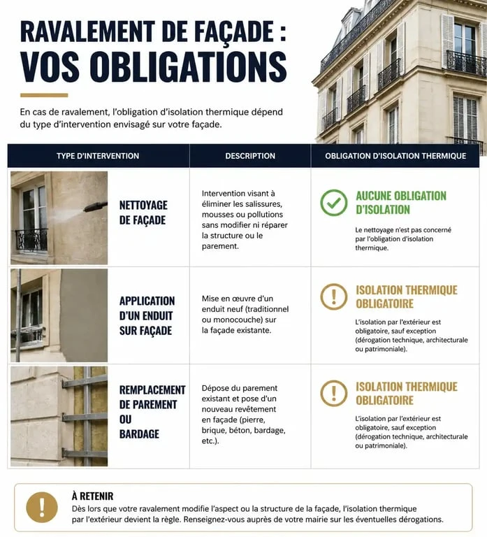 Tableau récapitulatif des obligations légales pour le ravalement de façade et l'isolation thermique