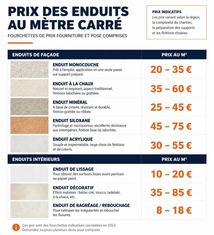 Tableau comparatif des prix de l'enduit au m2 pour travaux de façade et intérieur
