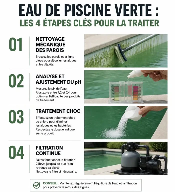 Infographie des étapes pour traiter une eau verte de piscine et retrouver une eau claire