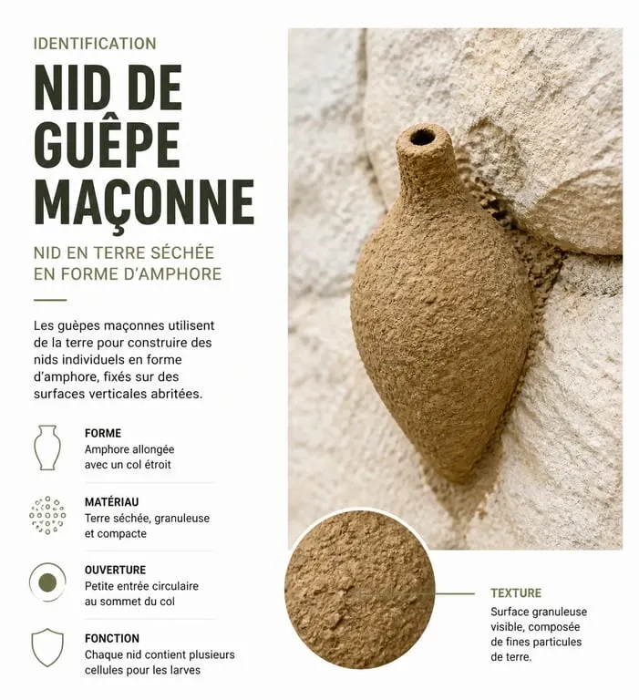 Identification d'un nid de guêpe maçonne en terre séchée sur un mur pour savoir comment s'en débarrasser
