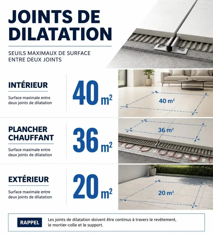 Infographie des seuils de pose pour joint de dilatation carrelage selon le DTU