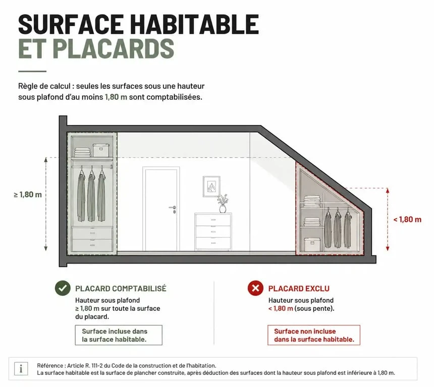 Schéma explicatif des règles de calcul de la surface habitable pour les placards selon la loi