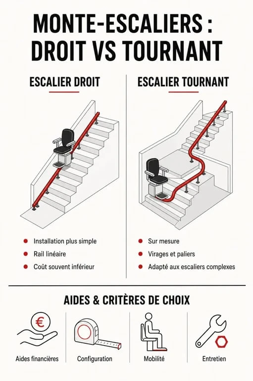Infographie comparative des types de monte-escaliers et aides financières pour un comparatif monte escalier