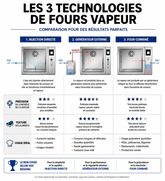 Comparatif des technologies de fours vapeur : injection directe, générateur externe et four combiné pour choisir le meilleur four vapeur
