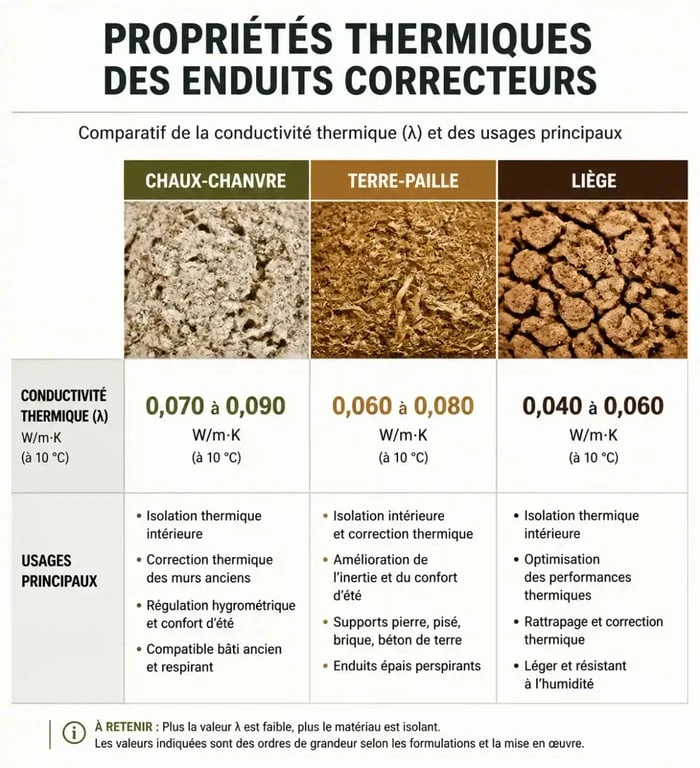 Infographie comparative des performances thermiques des enduits correcteurs : chaux-chanvre, terre-paille et liège.