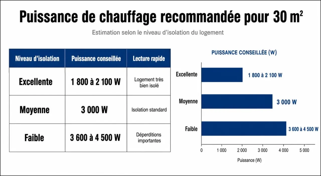 Tableau comparatif de la puissance de radiateur nécessaire pour 30m2 selon l'isolation