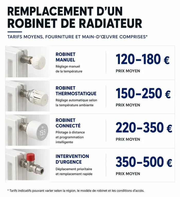 Infographie des prix d'un plombier pour changer un robinet de radiateur selon le type de modèle