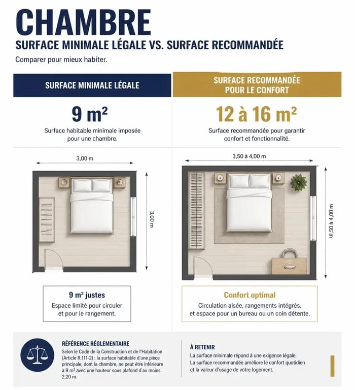Infographie comparant la taille d'une chambre légale et recommandée