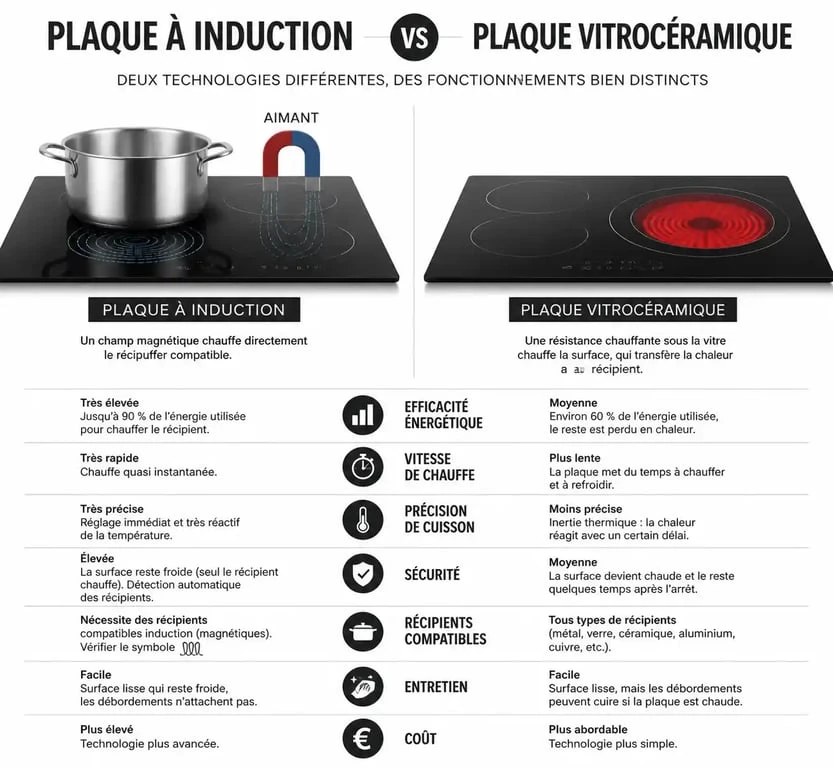 Infographie comparative pour différencier une plaque à induction d'une plaque vitrocéramique