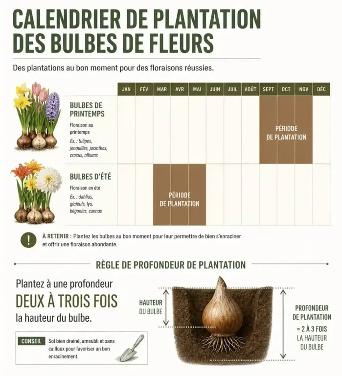 Calendrier et guide de profondeur pour la plantation des bulbes de fleurs au jardin