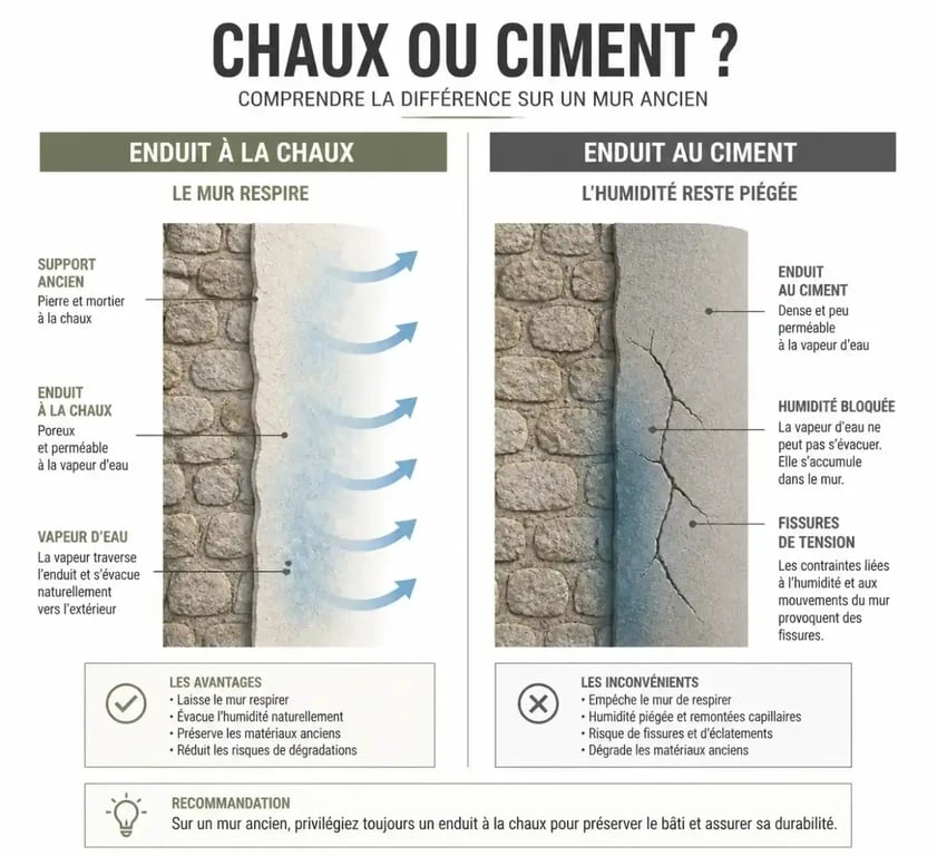 Comparaison technique entre enduit patrimoine à la chaux et enduit ciment pour la rénovation de façade ancienne