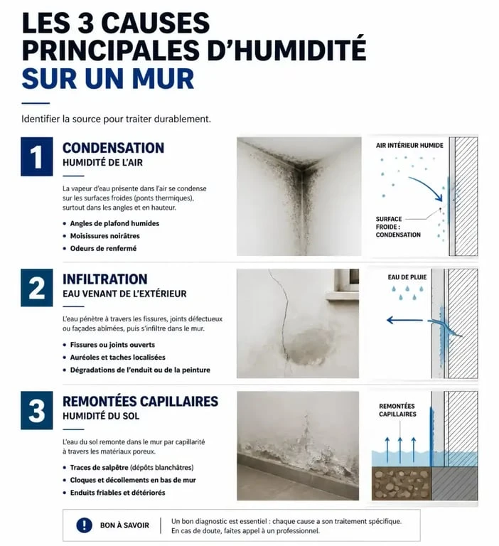 Infographie des causes d'humidité sur un mur : condensation, infiltration et remontées capillaires pour comprendre comment enlever l'humidité sur un mur.