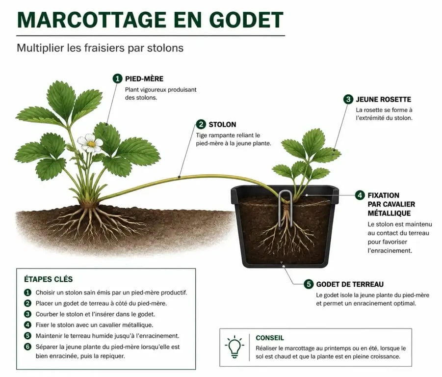 Schéma explicatif du marcottage en godet pour multiplier ses vieux fraisiers