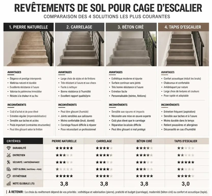Infographie comparative des matériaux pour la rénovation d'une cage d'escalier d'immeuble